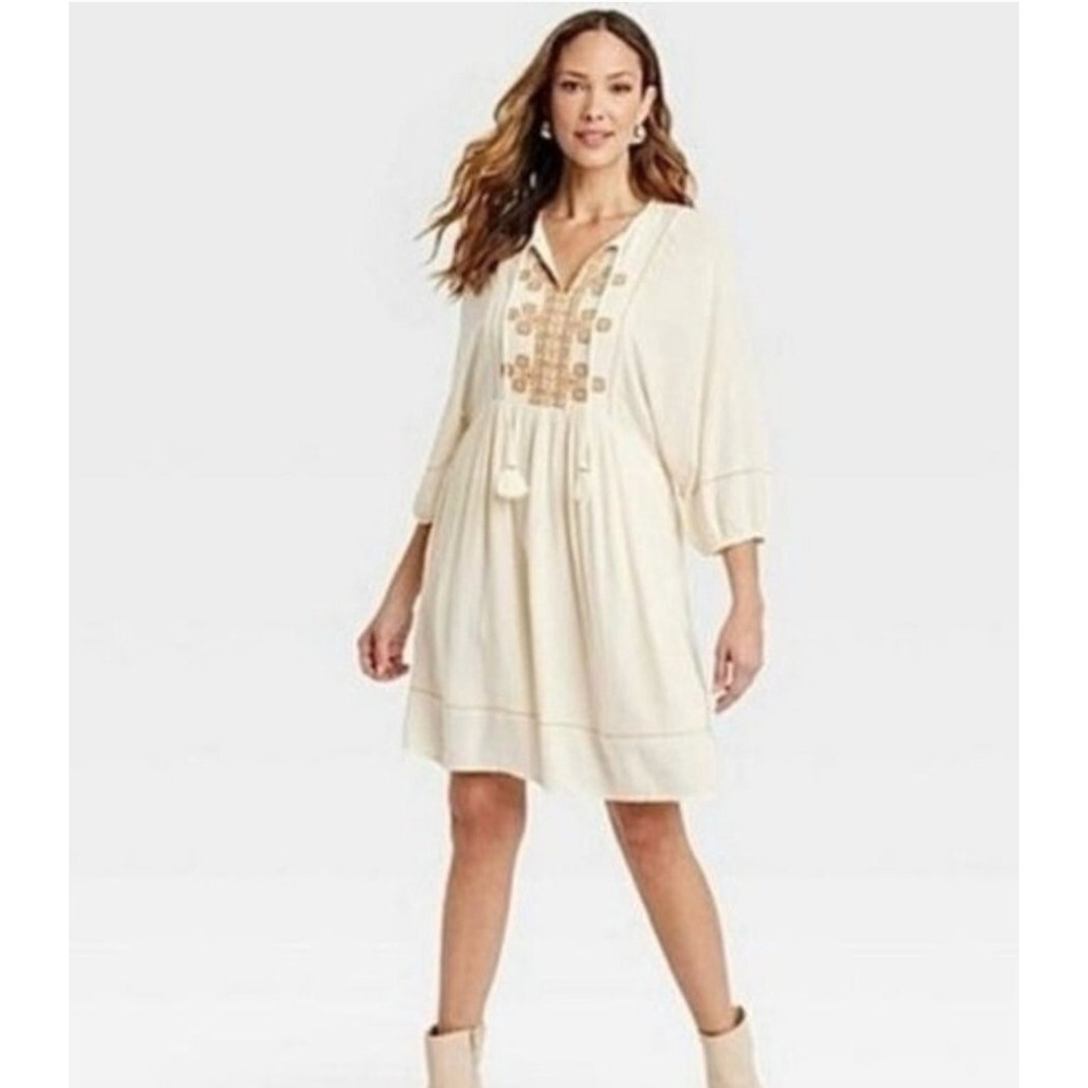 Knox Rose Tassel Tie Short Dress Size XS Cream‎   Embroidered Mini Dress